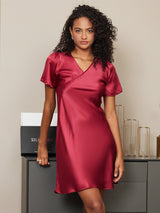 [Rouge Vineux] SilkSilky-FR Manches courtes Col V Chemises de nuit 004