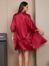 [Rouge Vineux] SilkSilky-FR 3/4 Sleeve V Neck Femme Pyjamas 002
