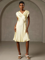 [Jaune] SilkSilky-FR Cap Sleeve V Neck Robes 006