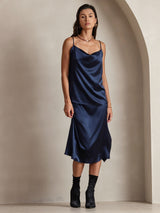 [Bleu Foncé] SilkSilky-FR Spaghetti Strap Cowl Neck Top À Fines Brides 007