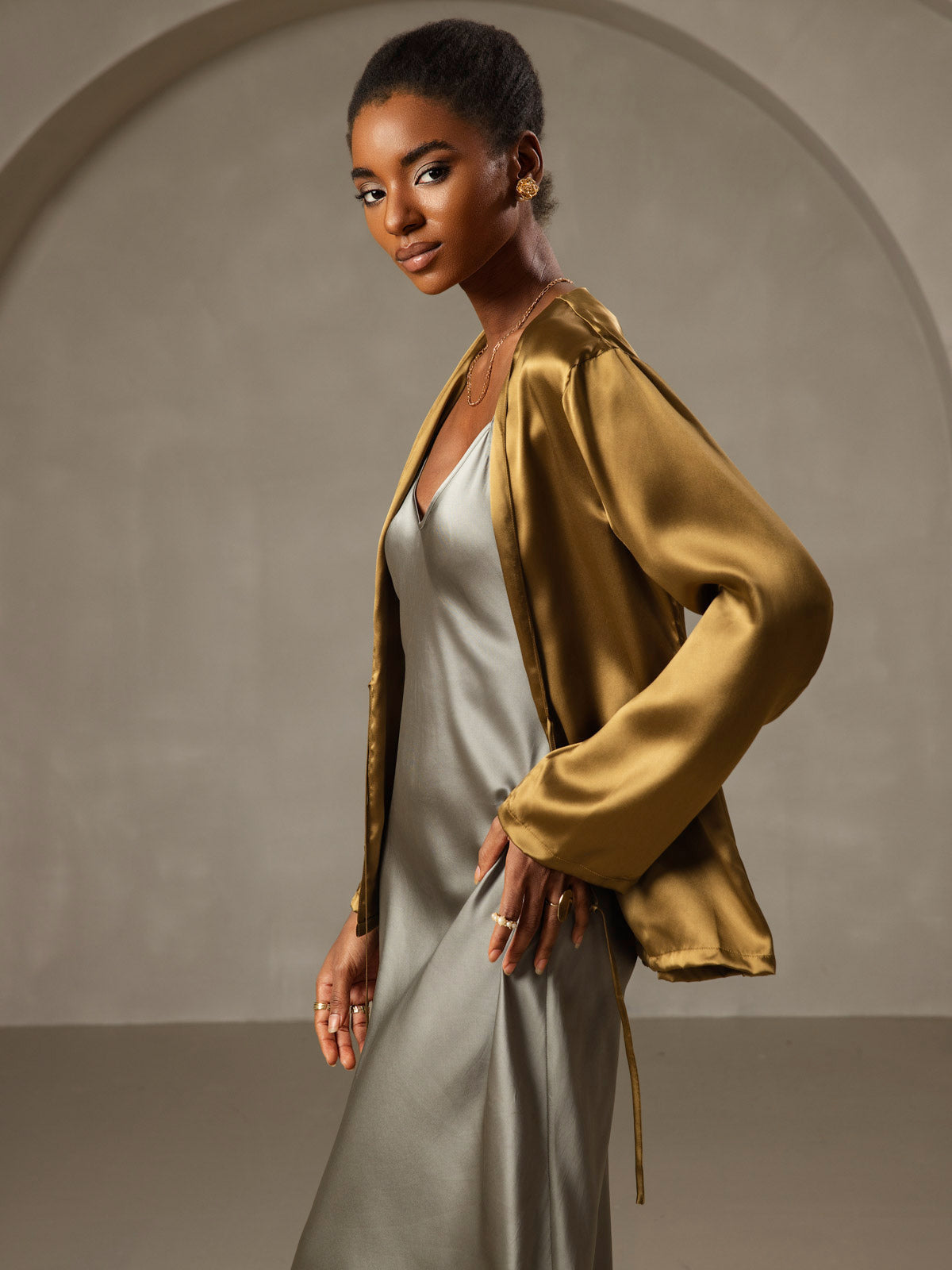 [Vert Grisâtre] SilkSilky-FR Pure Soie Col Rond Robes 006