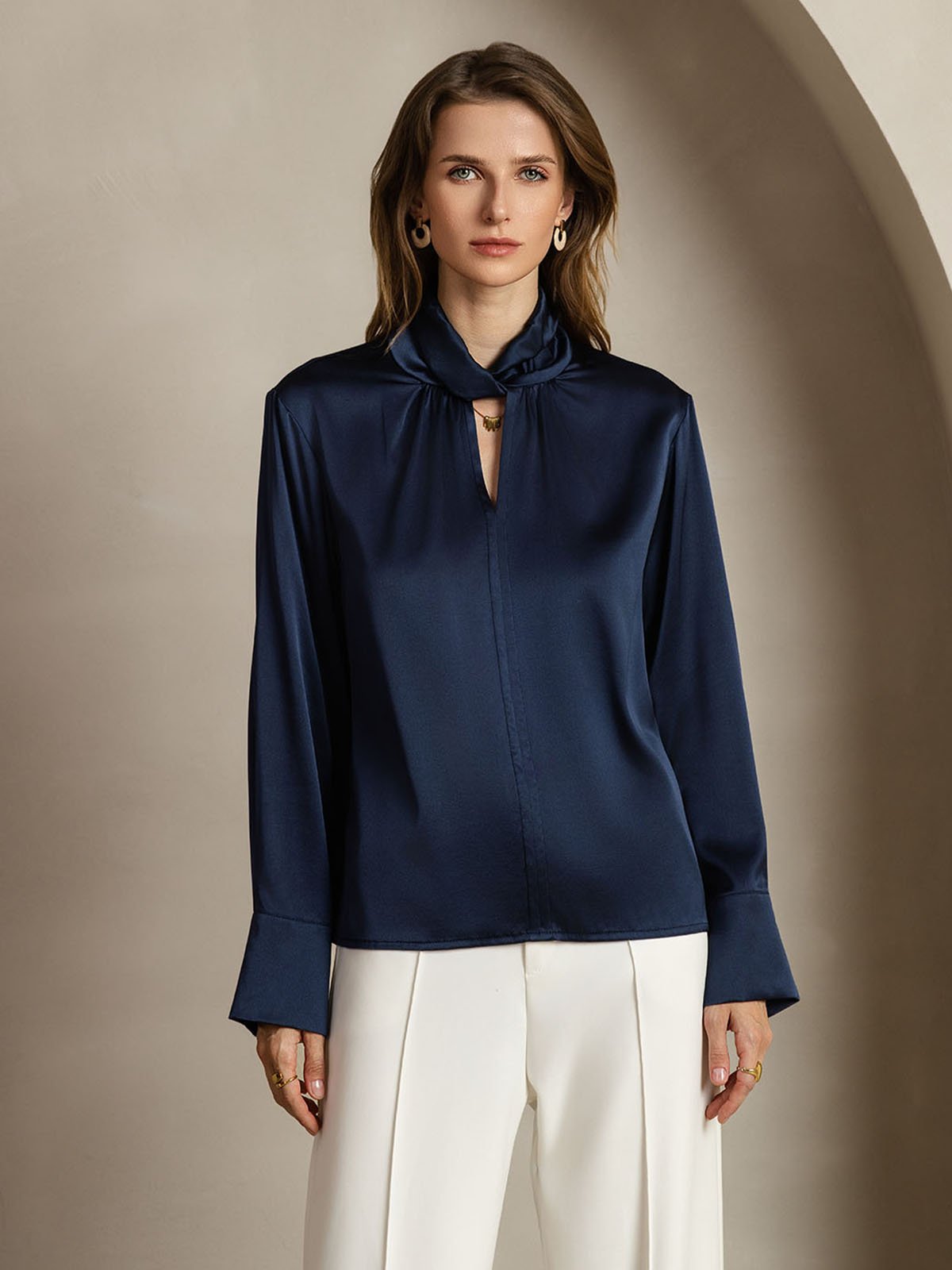 [BleuFoncé] SilkSilky-FR 19Momme Soie Womens Shirt 001