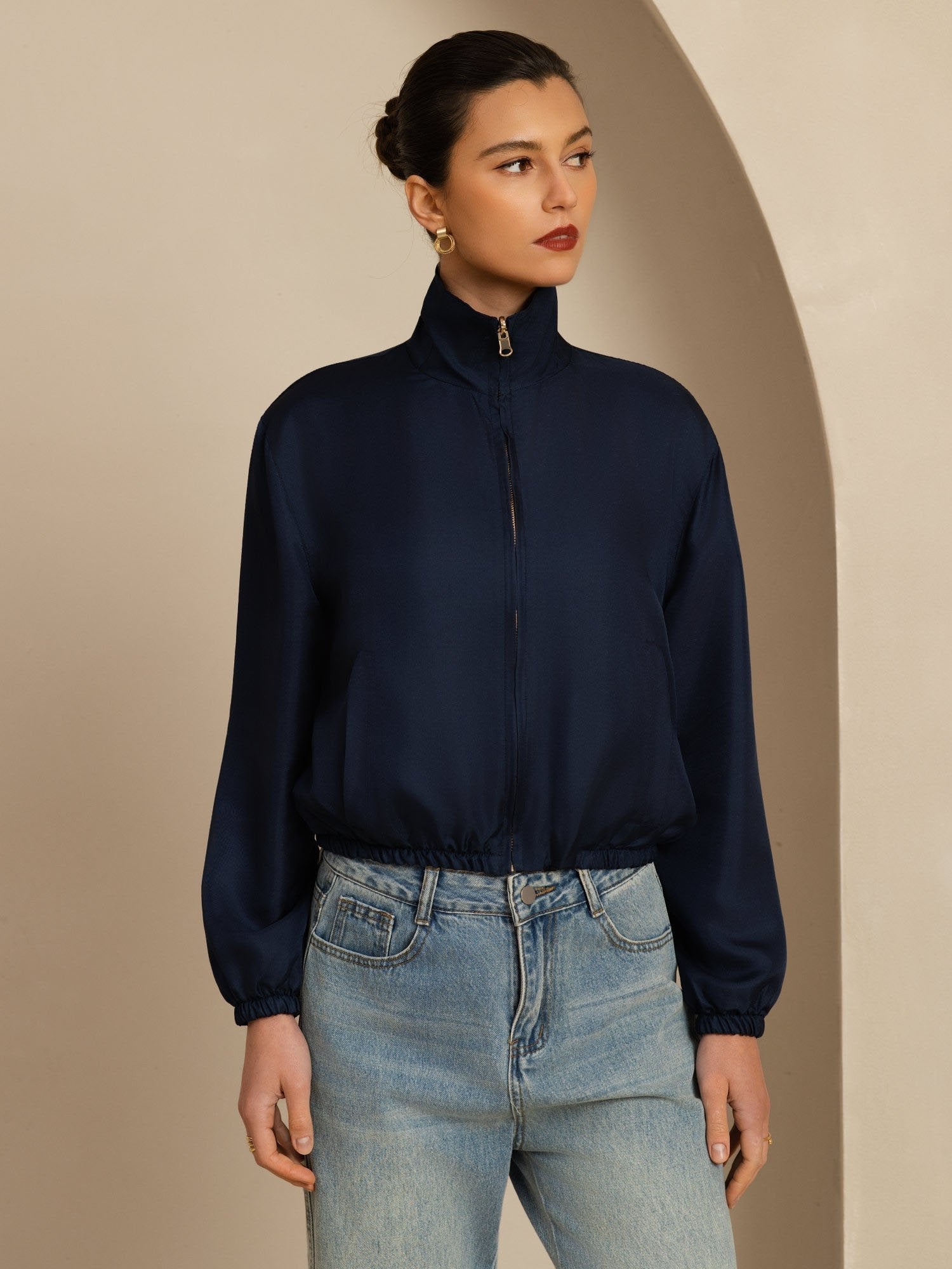 [Noir+BleuFoncé] SilkSilky-FR 18Momme Manches longues Col Montant Femme Manteaux 004