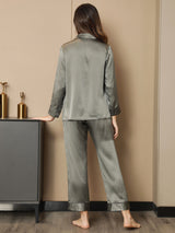 [Vert Grisâtre] SilkSilky-FR Pure Soie Manches longues Womens Pajamas 002