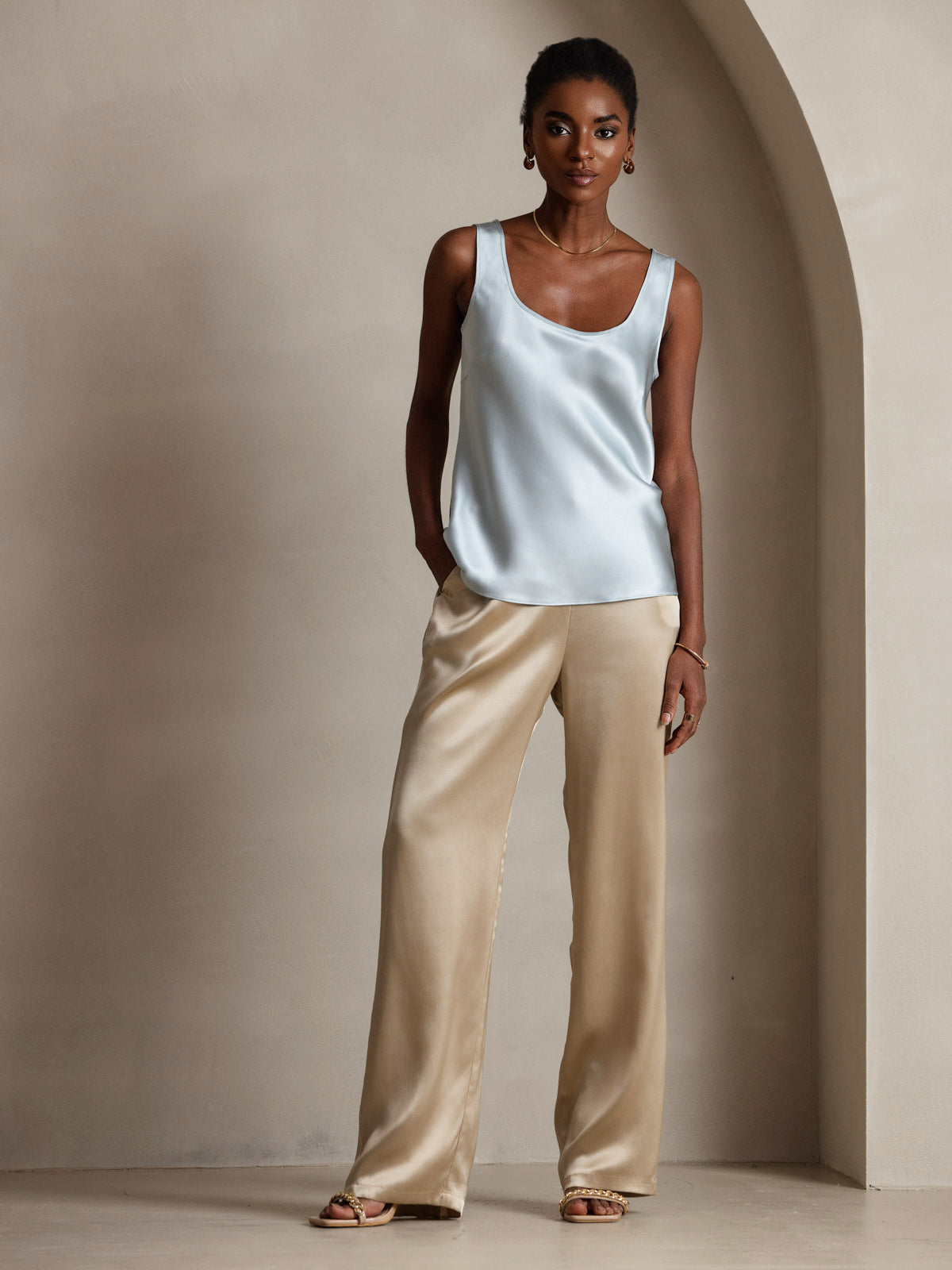 [Bleu Clair] SilkSilky-FR 19Momme Sans manches Encolure Dégagée Top À Fines Brides 006