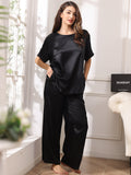 SilkSilky FR Pure Soie Manches courtes Col Rond Femme Pyjamas Noir 004