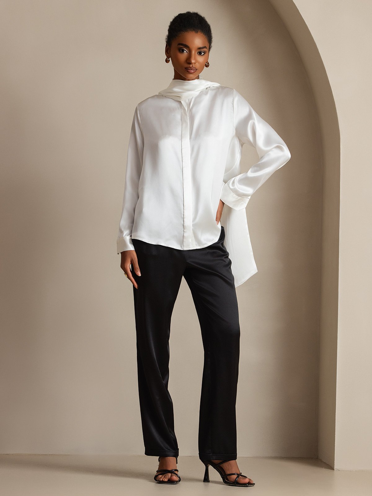 [Blanc] SilkSilky-FR 19Momme Soie Manches longues Blouse 006