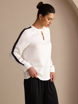 [Blanc] SilkSilky-FR Long Sleeve Keyhole Neck Blouse 003