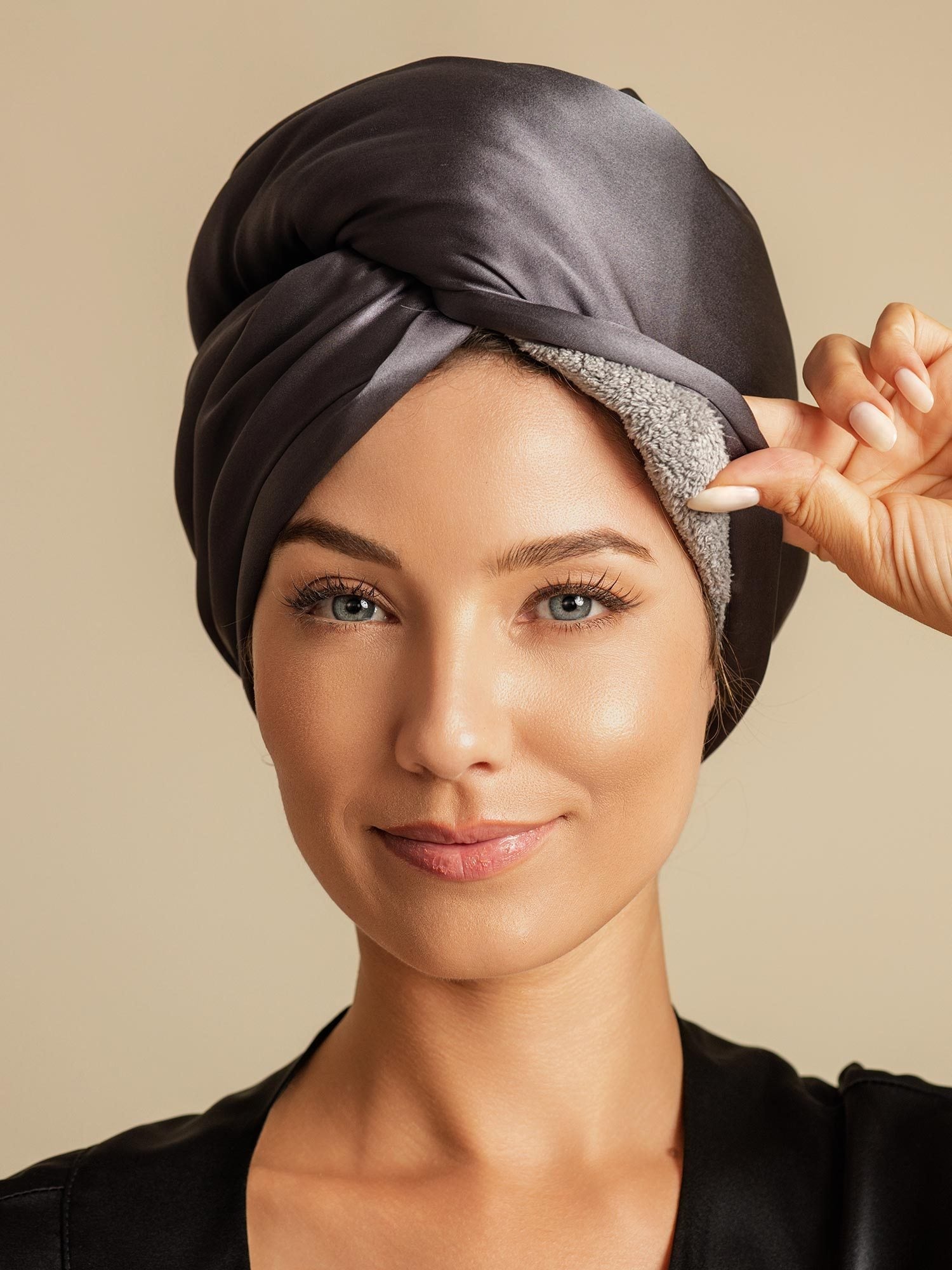 [Gris Foncé] SilkSilky-FR Soie Hair Towel Wrap 005,