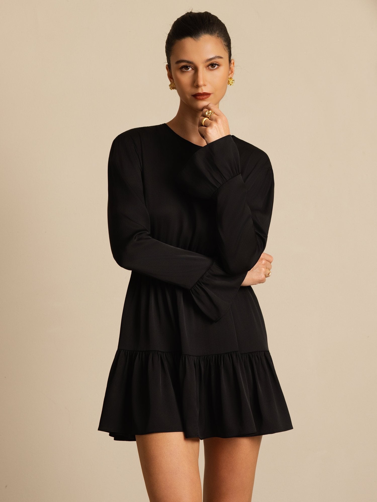 [Noir] SilkSilky-FR 19Momme Soie Manches longues Col Rond Robes 006