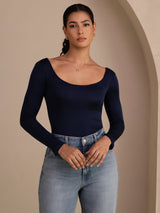 [Bleu Foncé] SilkSilky-FR Long Sleeve Col en U Femme T-Shirt 003