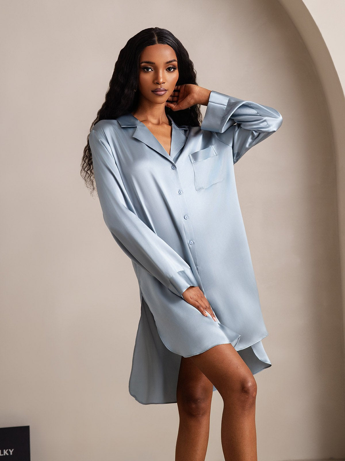 [BleuGrisâtre] SilkSilky-FR Soie Col Chemise Chemises de nuit 007