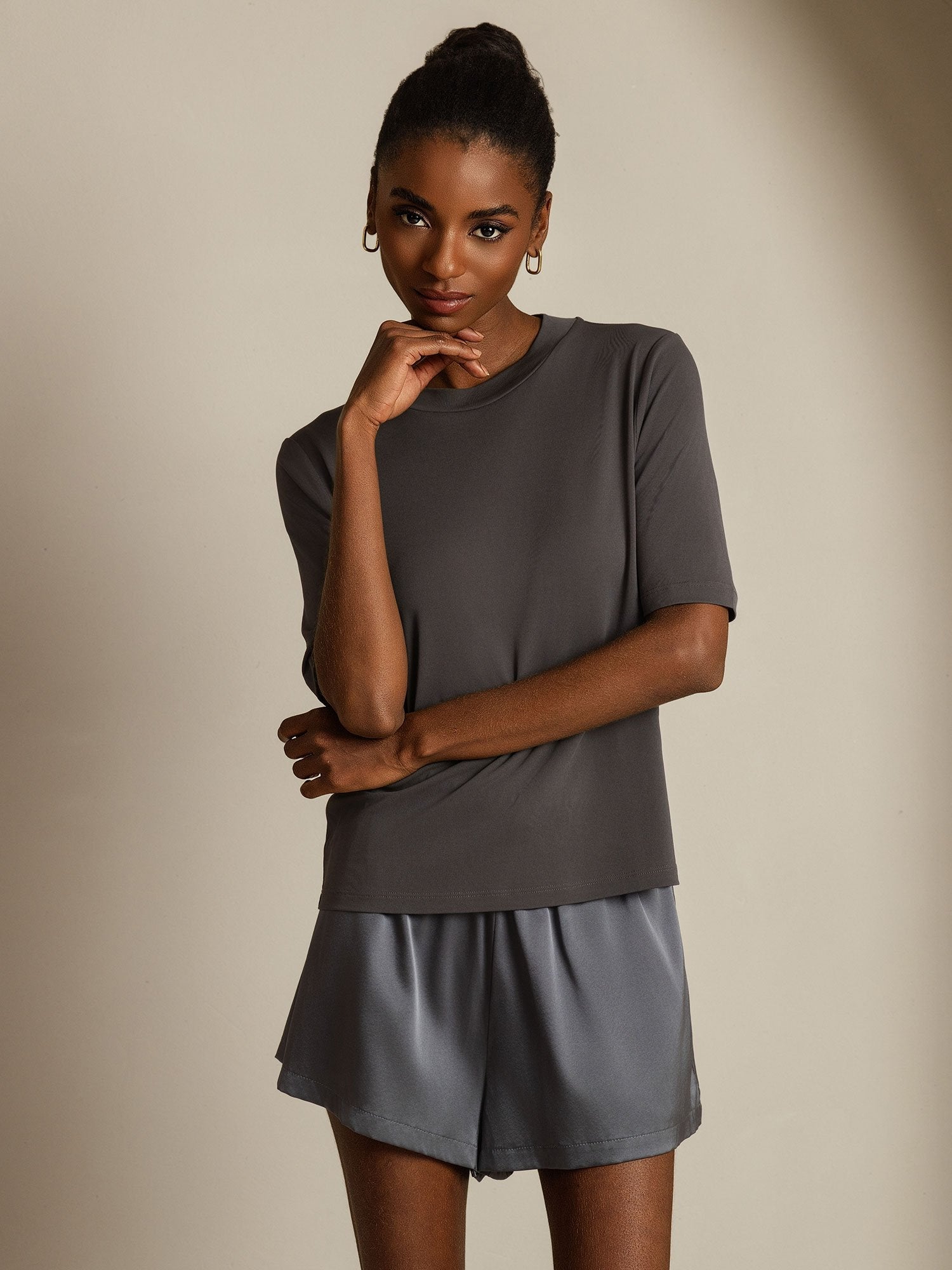 [Gris] SilkSilky-FR Soie Col Rond Femme T-Shirt 005