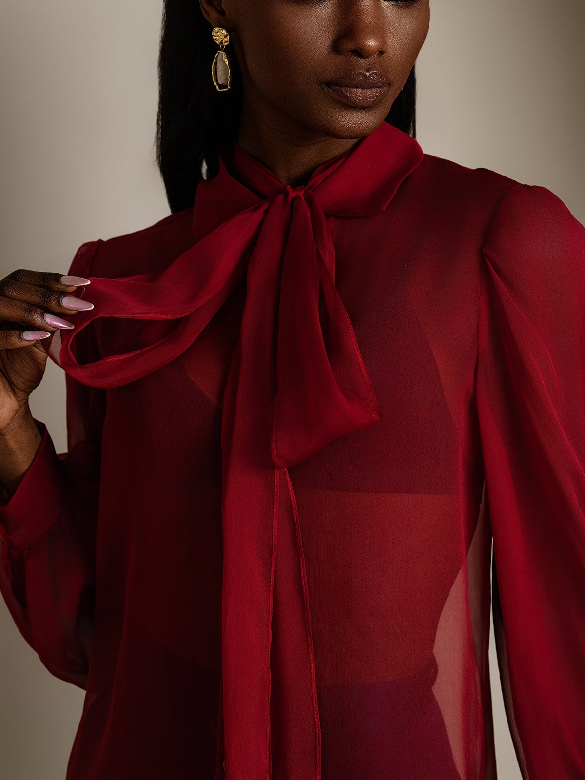 SilkSilky-FR Soie Manches longues Nœud à l'encolure Femme Chemise RougeVineux 008