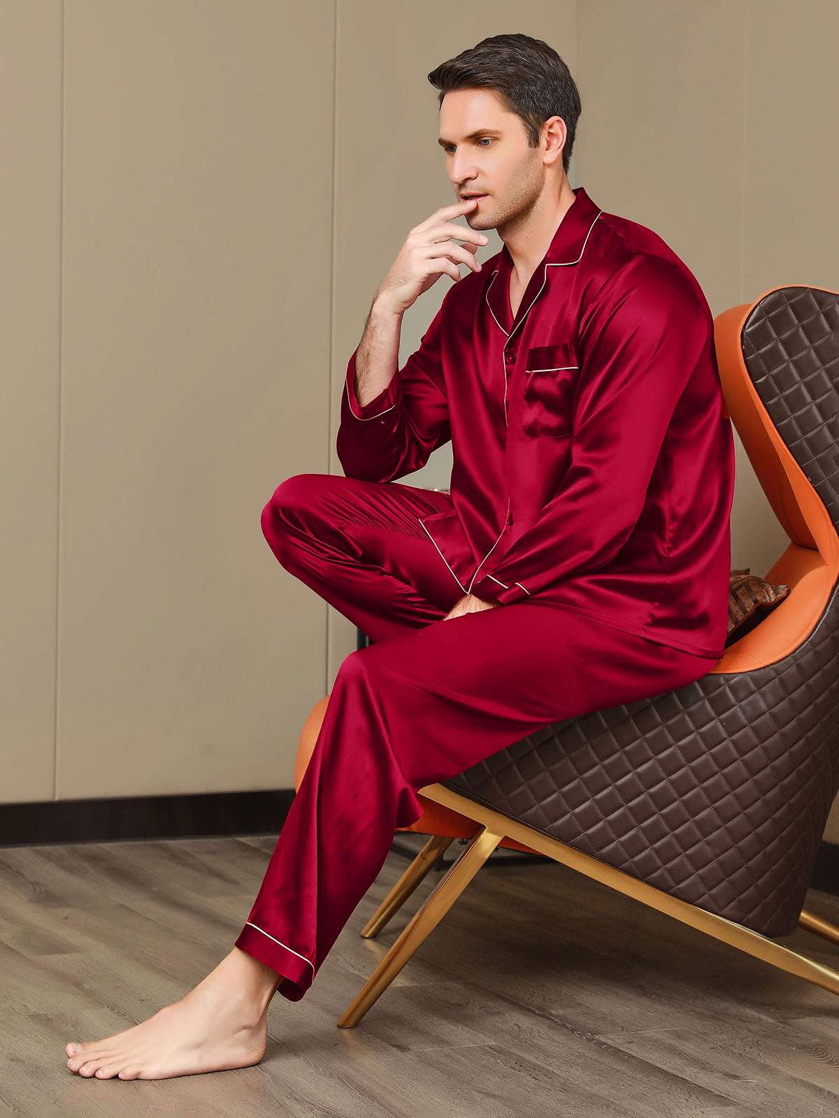 SilkSilky-FR Pure Soie Manches longues Revers Homme Pyjamas RougeVineux 005