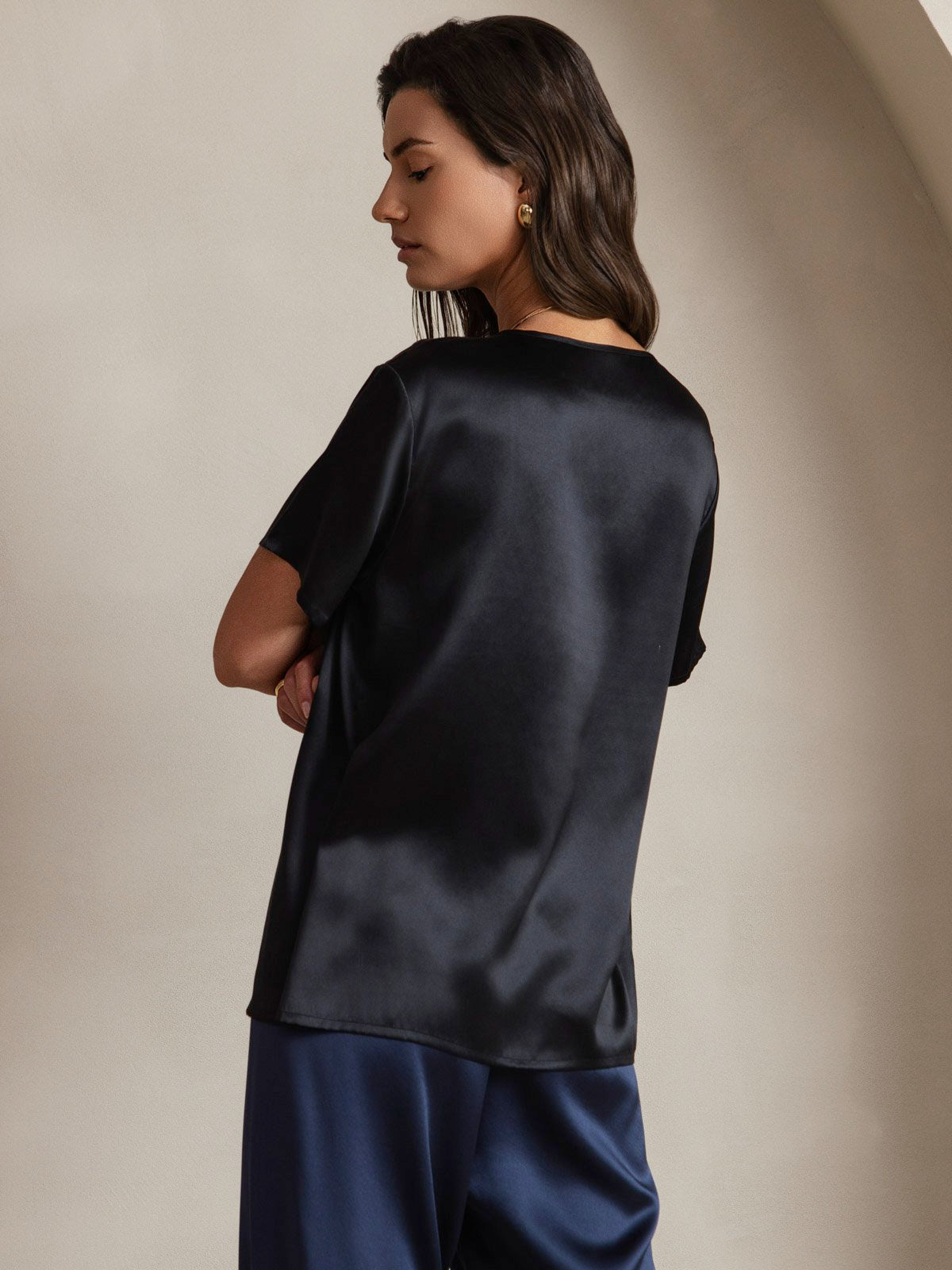 SilkSilky-FR Pure Soie Manches courtes Col Rond Femme T-Shirt Noir 002