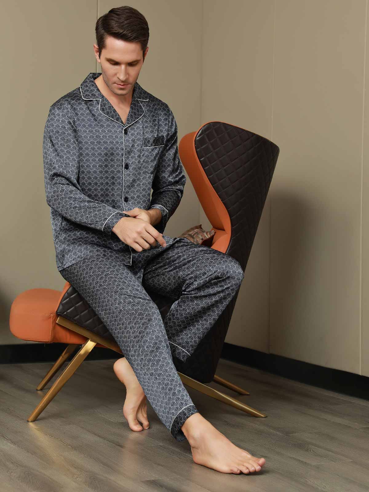 [Ginkgo Marine] SilkSilky-FR 19Momme Manches longues Homme Pyjamas 014