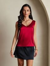 [Rouge Vineux] SilkSilky-FR Sleeveless V Neck Top À Fines Brides 004