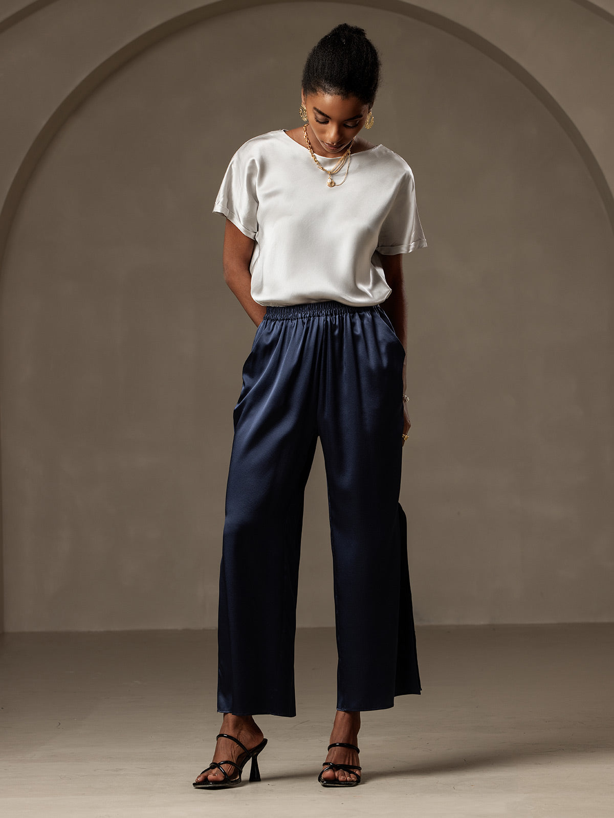 [Bleu Foncé] SilkSilky-FR 19Momme Soie Womens Pants 005