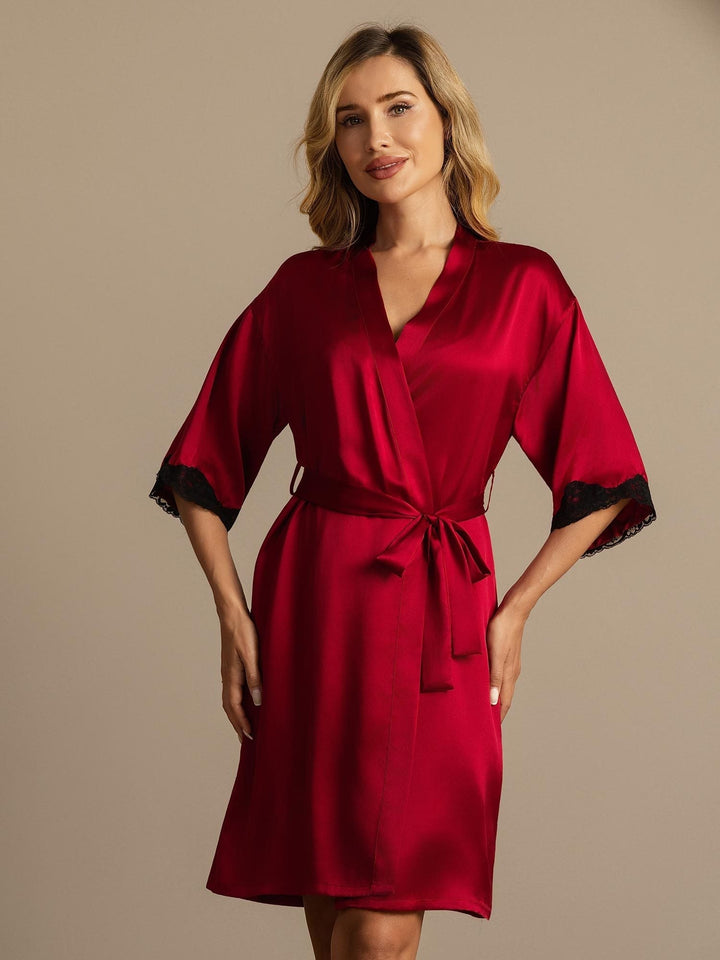Peignoir Soie Pure Design Dentelle Noire Manches Kimono Ceinturé