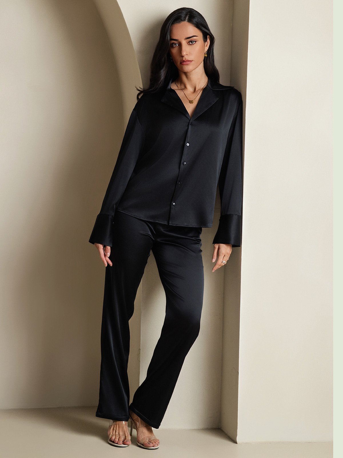 [Noir] SilkSilky-FR 19Momme Soie Womens Shirt 008