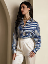 [Rayure Marine] SilkSilky-FR Long Sleeve Lapel Collar Femme Chemise 005