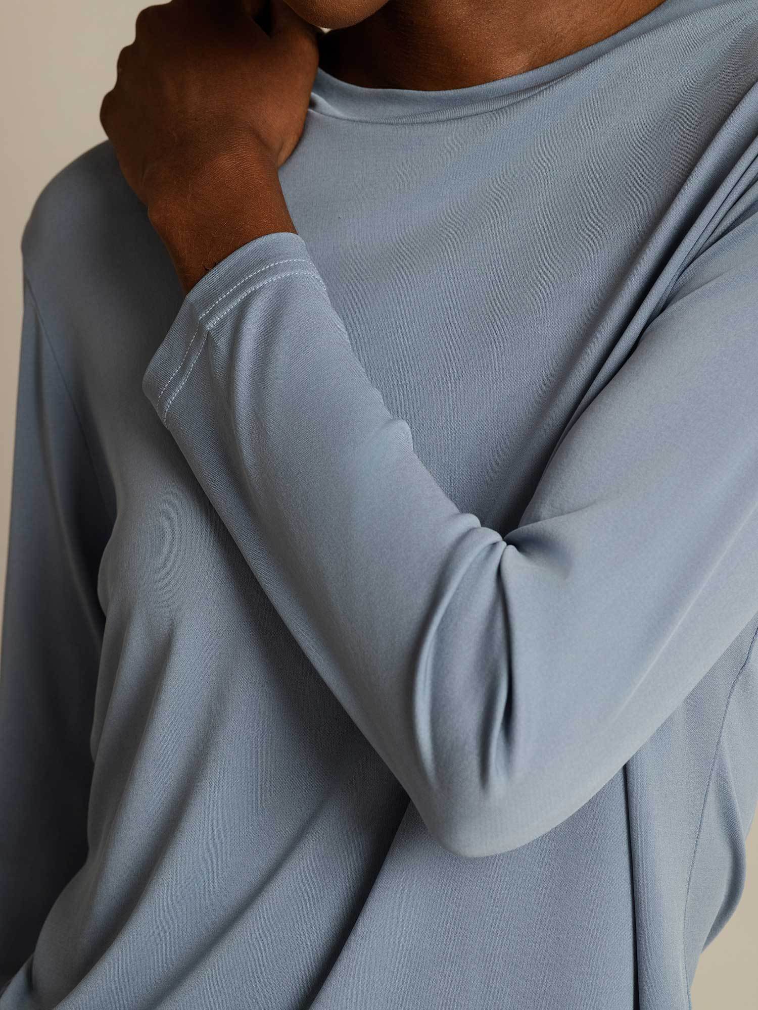 [BleuGrisâtre] SilkSilky-FR Soie Col Rond Femme T-Shirt 004