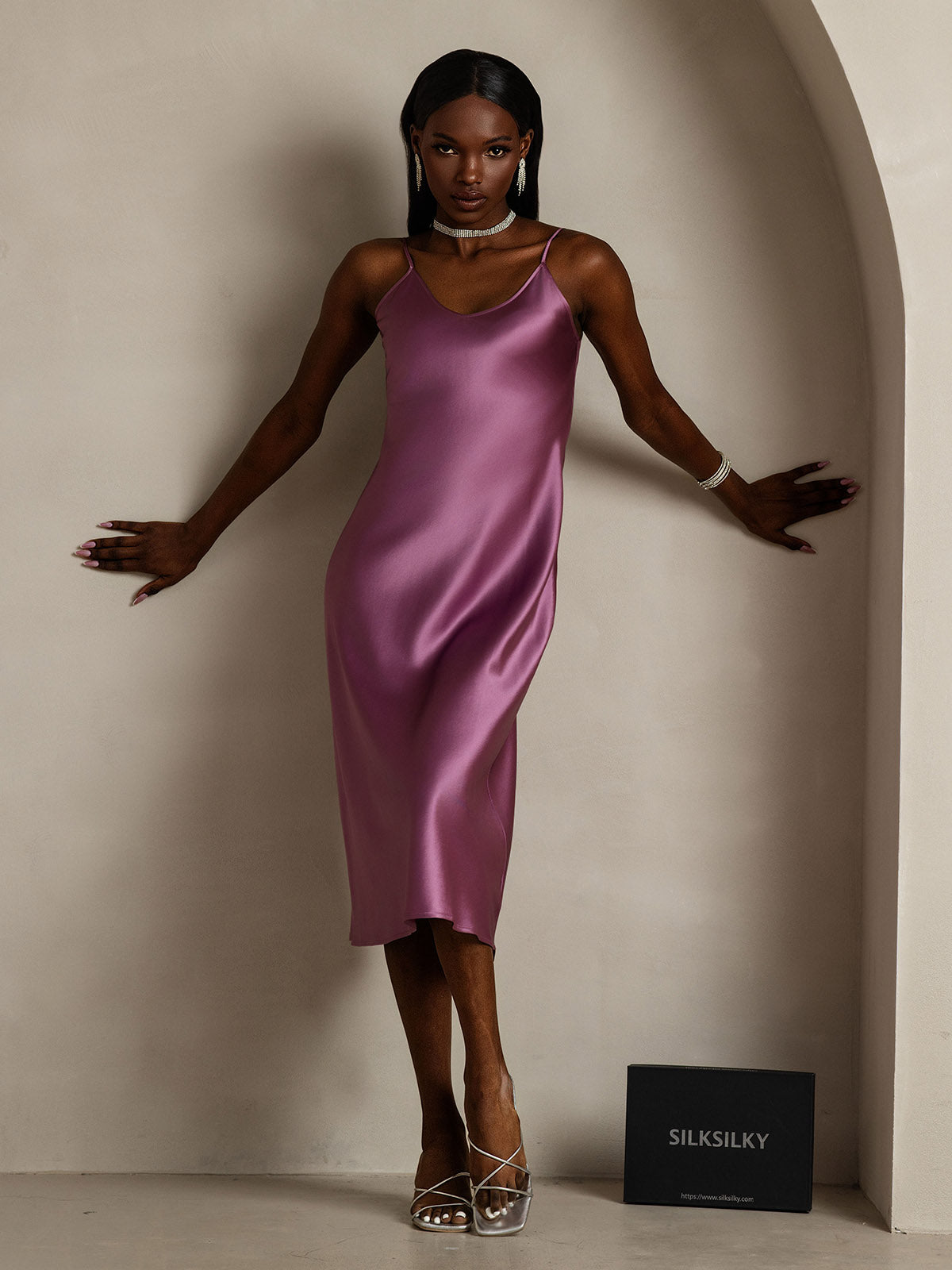 [Violet Foncé] SilkSilky-FR Pure Soie Col Rond Robes 006