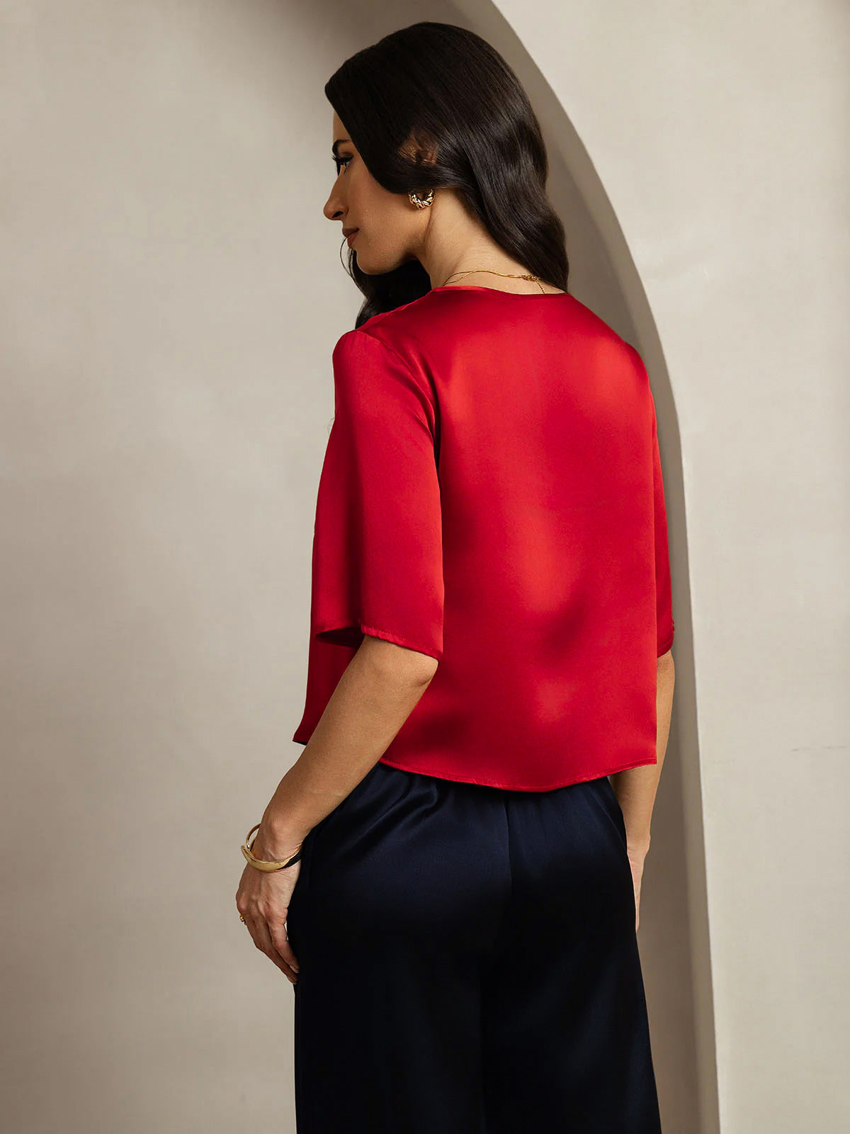 [Rouge Foncé] SilkSilky-FR Pure Soie Col Bateau Femme T-Shirt 002