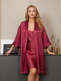 SilkSilky FR Pure Soie Trois quart Nightgown&Robe Set RougeVineux 001