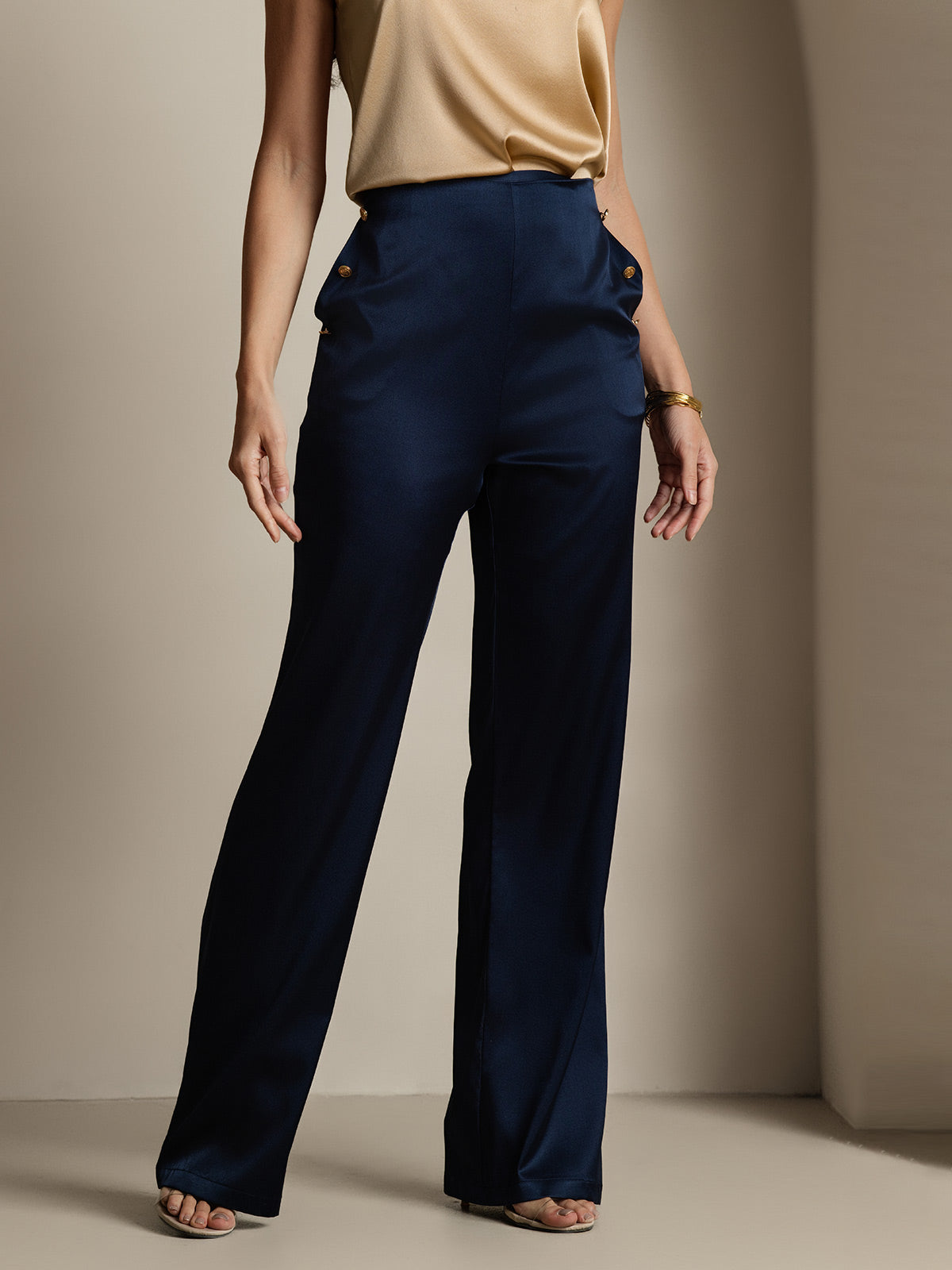 [Bleu Foncé] SilkSilky-FR 19Momme Soie Womens Pants 005