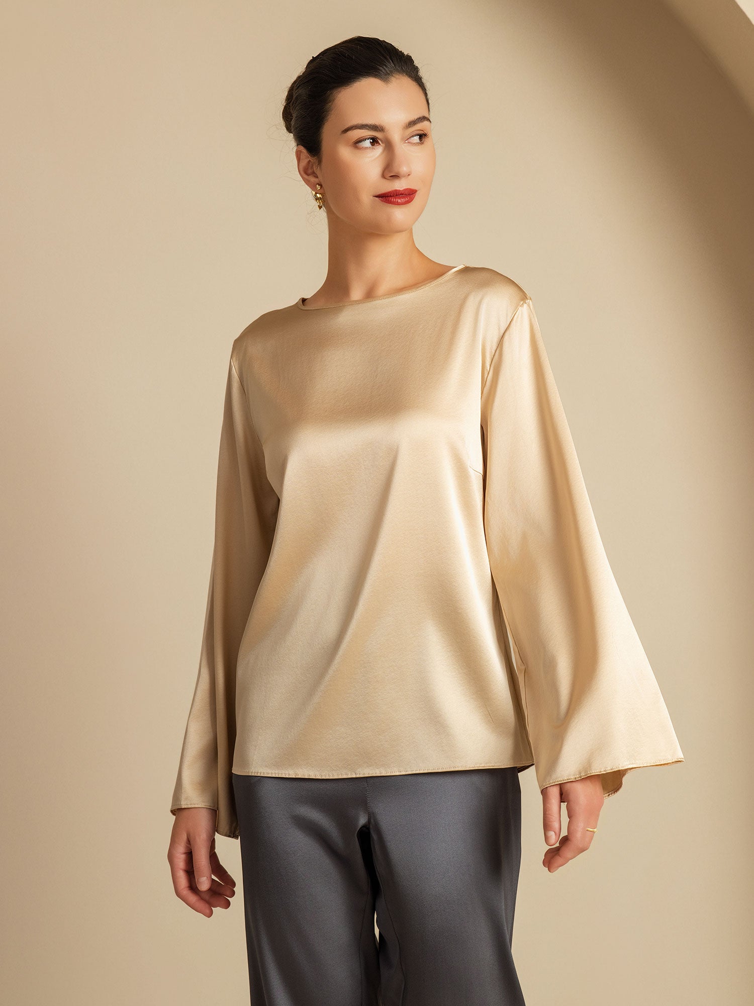 [Champagne] SilkSilky-FR 19Momme Soie Col Rond Femme T-Shirt 004