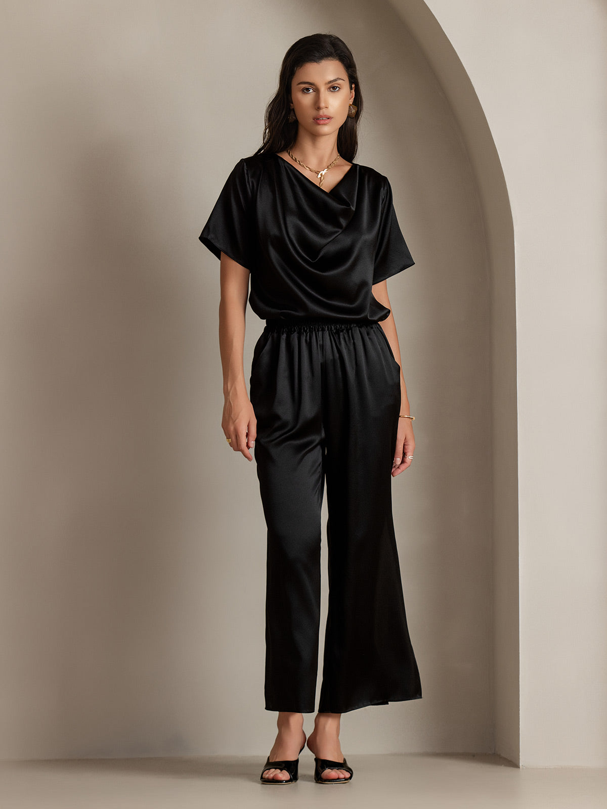 [Noir] SilkSilky-FR 19Momme Soie Col Bénitier Femme T-Shirt 006