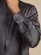 [Gris Foncé] SilkSilky-FR Long Sleeve Stand Collar Homme Chemise 007