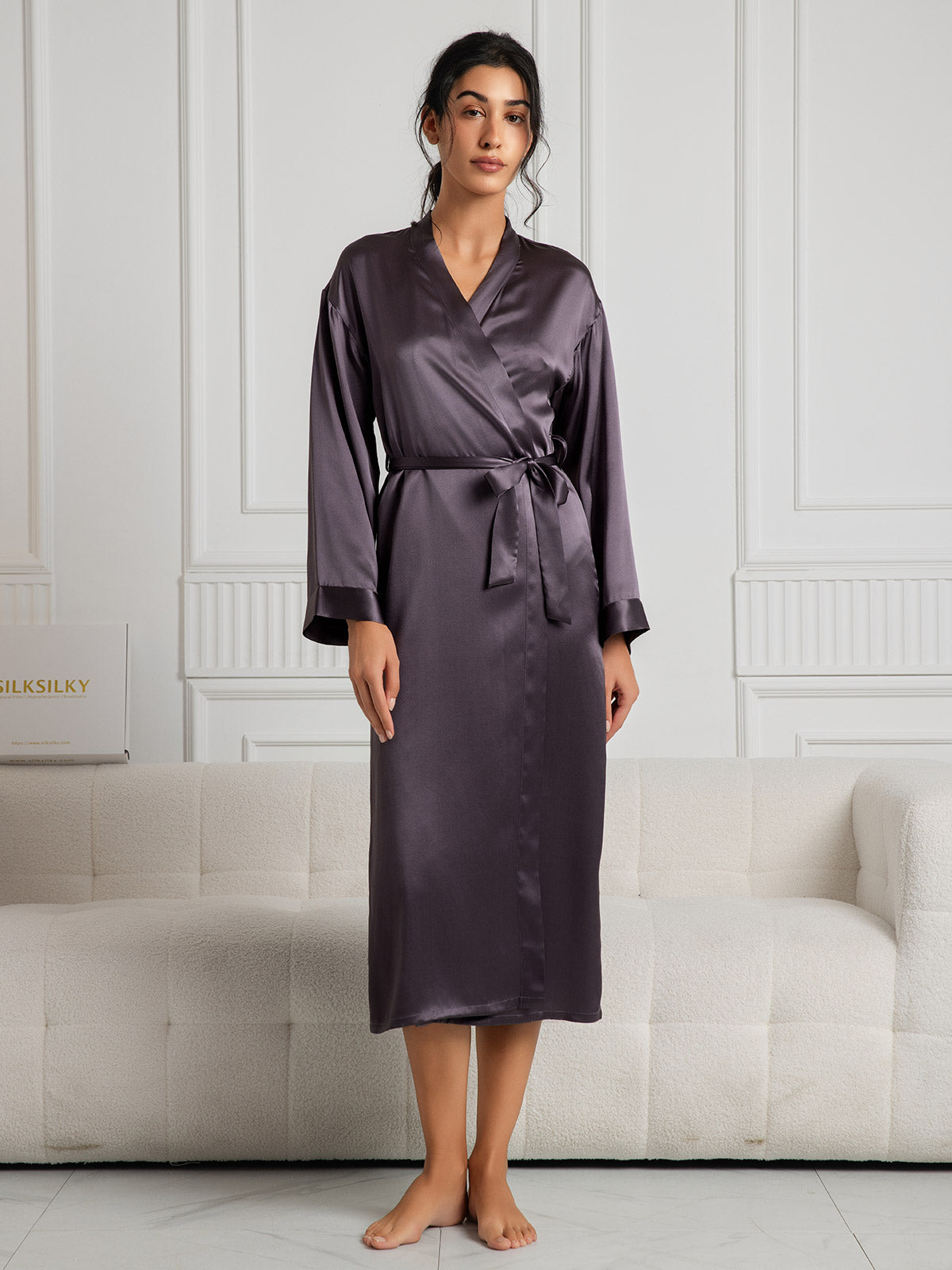[Gris Pourpre] SilkSilky-FR Pure Soie Womens Robe 001