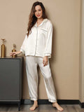 SilkSilky-FR Pure Soie Manches longues Revers Femme Pyjamas Blanc 004