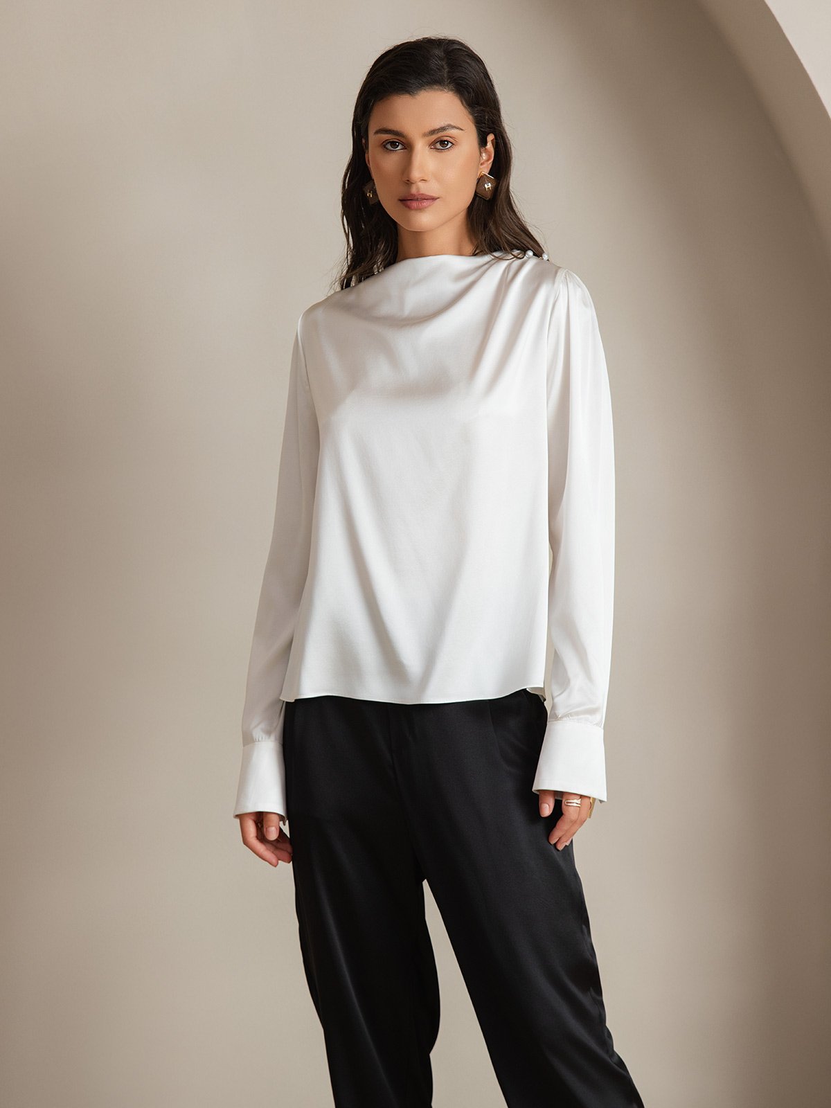 [Blanc] SilkSilky-FR 19Momme Soie Womens Shirt 001