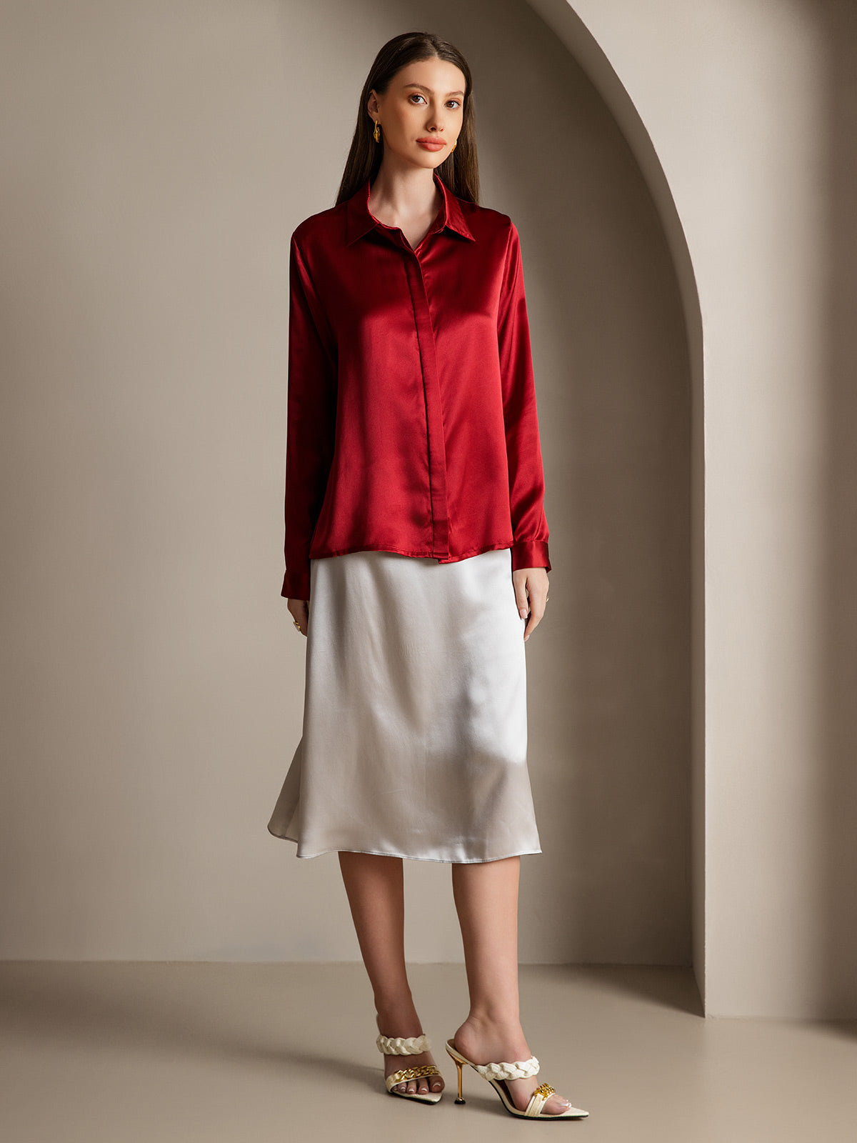 [Rouge Vineux] SilkSilky-FR 19Momme Soie Lapel Collar Femme Chemise 004