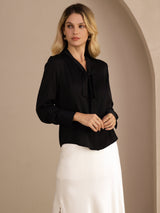 [Noir] SilkSilky-FR Long Sleeve Tie Neck Blouse 003