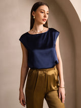 [Bleu Foncé] SilkSilky-FR Cap Sleeve Round Neck Femme T-Shirt 001