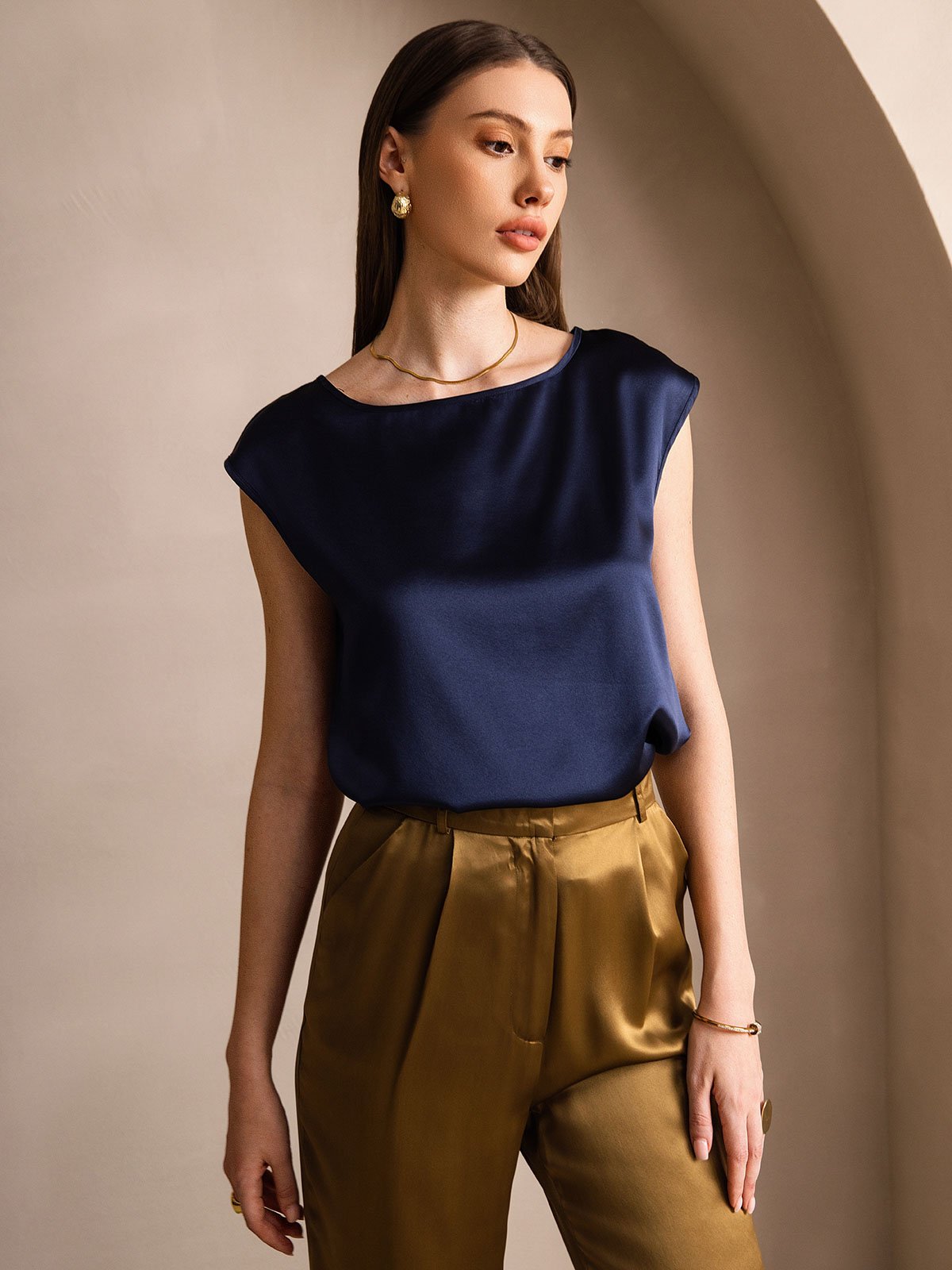 [Bleu Foncé] SilkSilky-FR 19Momme Soie Col Rond Femme T-Shirt 001