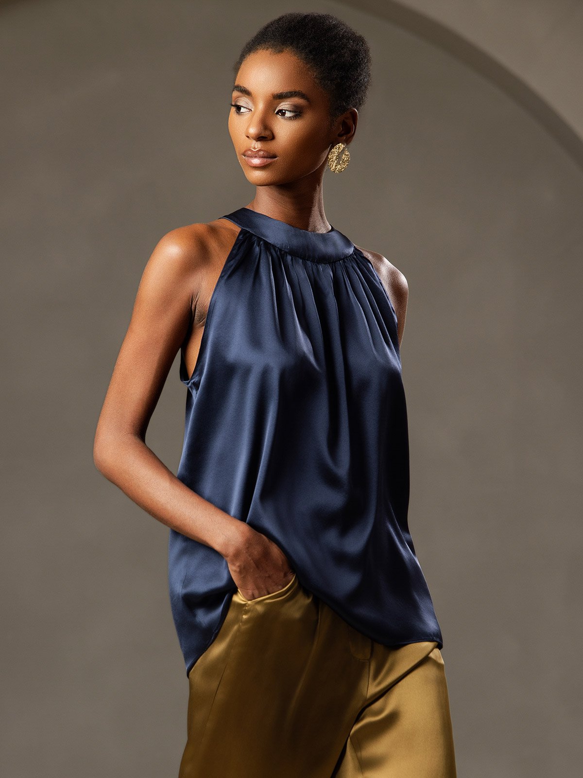 [Bleu Foncé] SilkSilky-FR Sleeveless Halter Femme T-Shirt 001