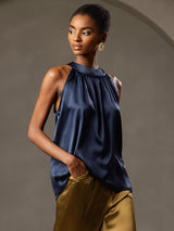 [Bleu Foncé] SilkSilky-FR Sleeveless Halter Femme T-Shirt 001