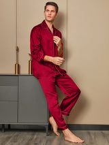 [Rouge] SilkSilky-FR Manches longues Col Cranté Homme Pyjamas 004