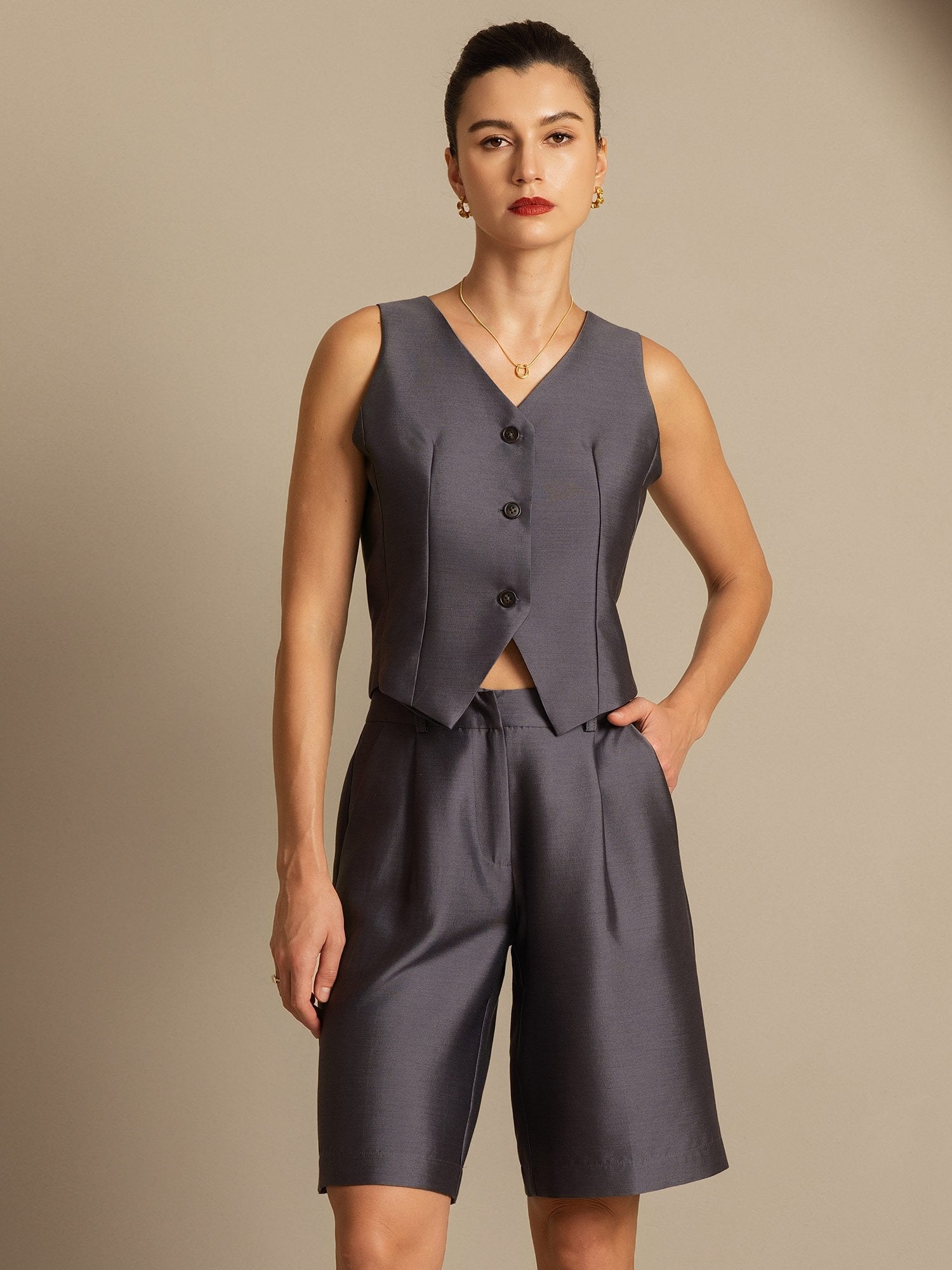 [Gris] SilkSilky-FR 32Momme Soie Womens Vest 006,