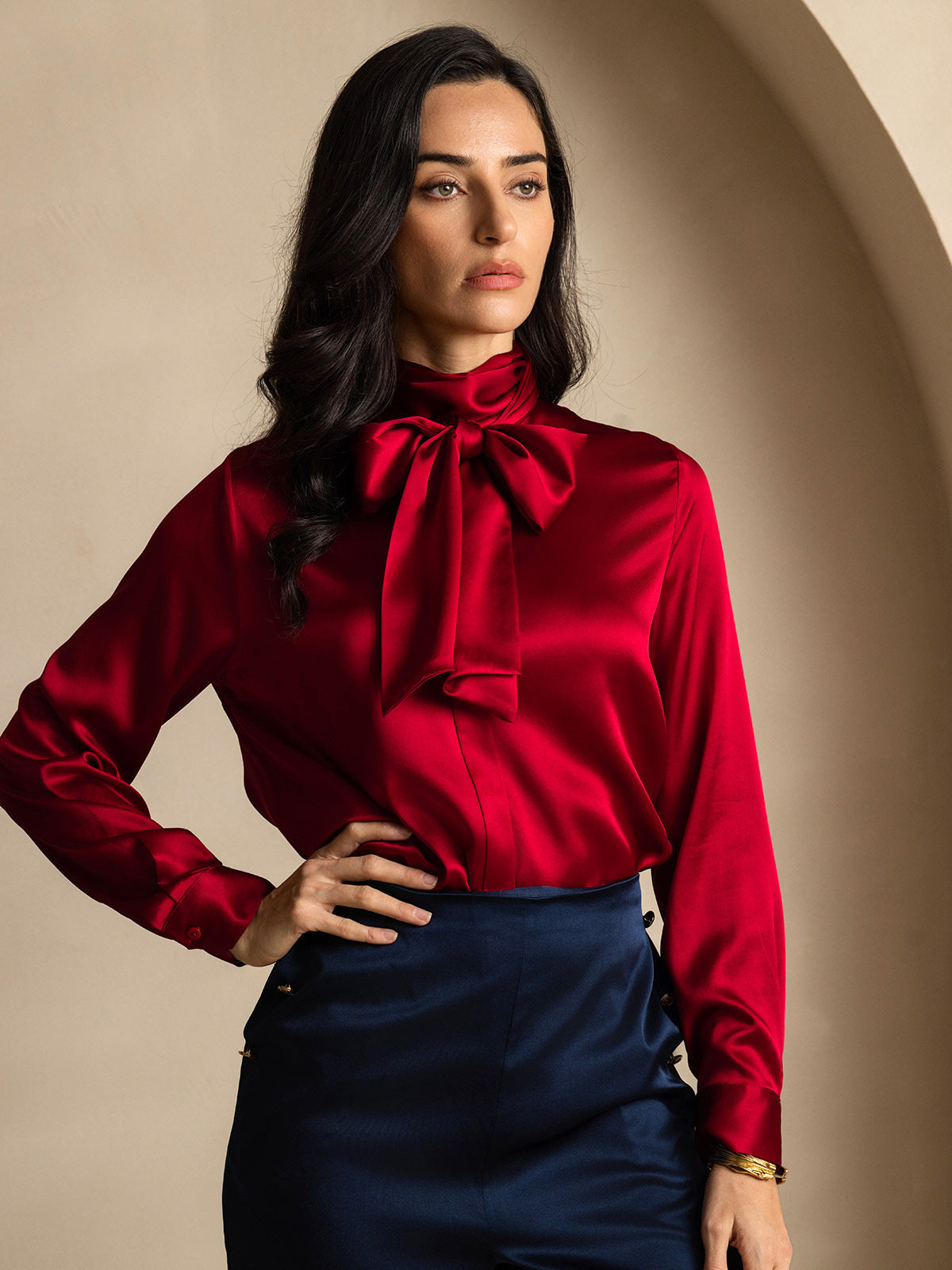 [Rouge Vineux] SilkSilky-FR 19Momme Soie Manches longues Blouse 001