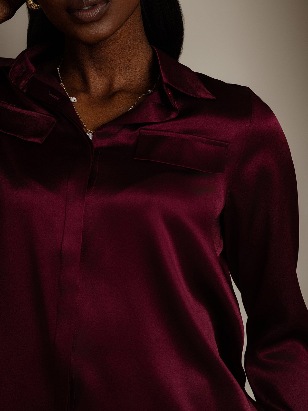 SilkSilky-FR 19Momme Soie Manches longues Col Chemise Femme Chemise RougeFoncé 008