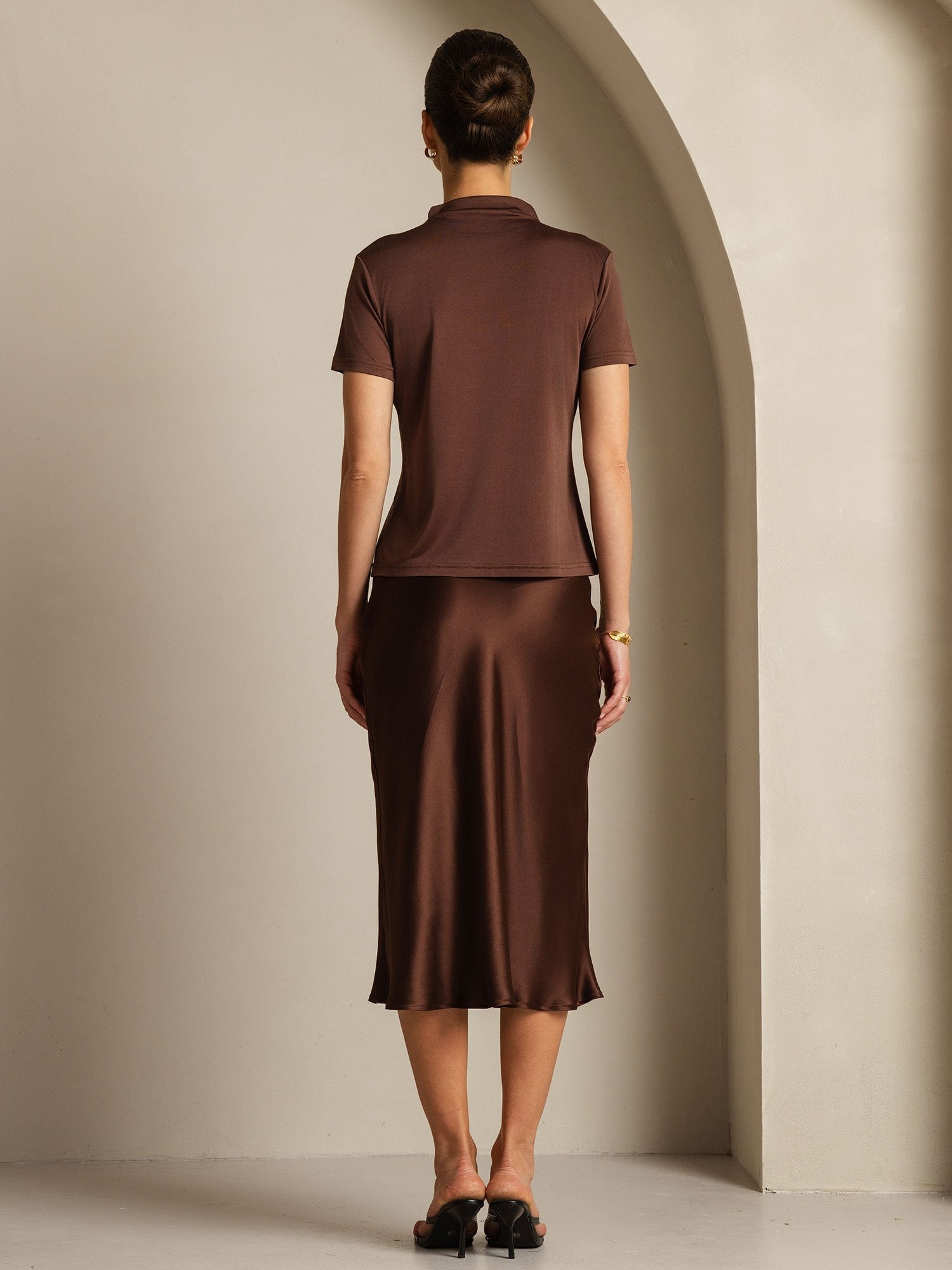 [Café] SilkSilky-FR Soie Col Chemise Femme T-Shirt 007