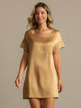 [Tan] SilkSilky-FR 19Momme Manches courtes Col Rond Chemises de nuit 005