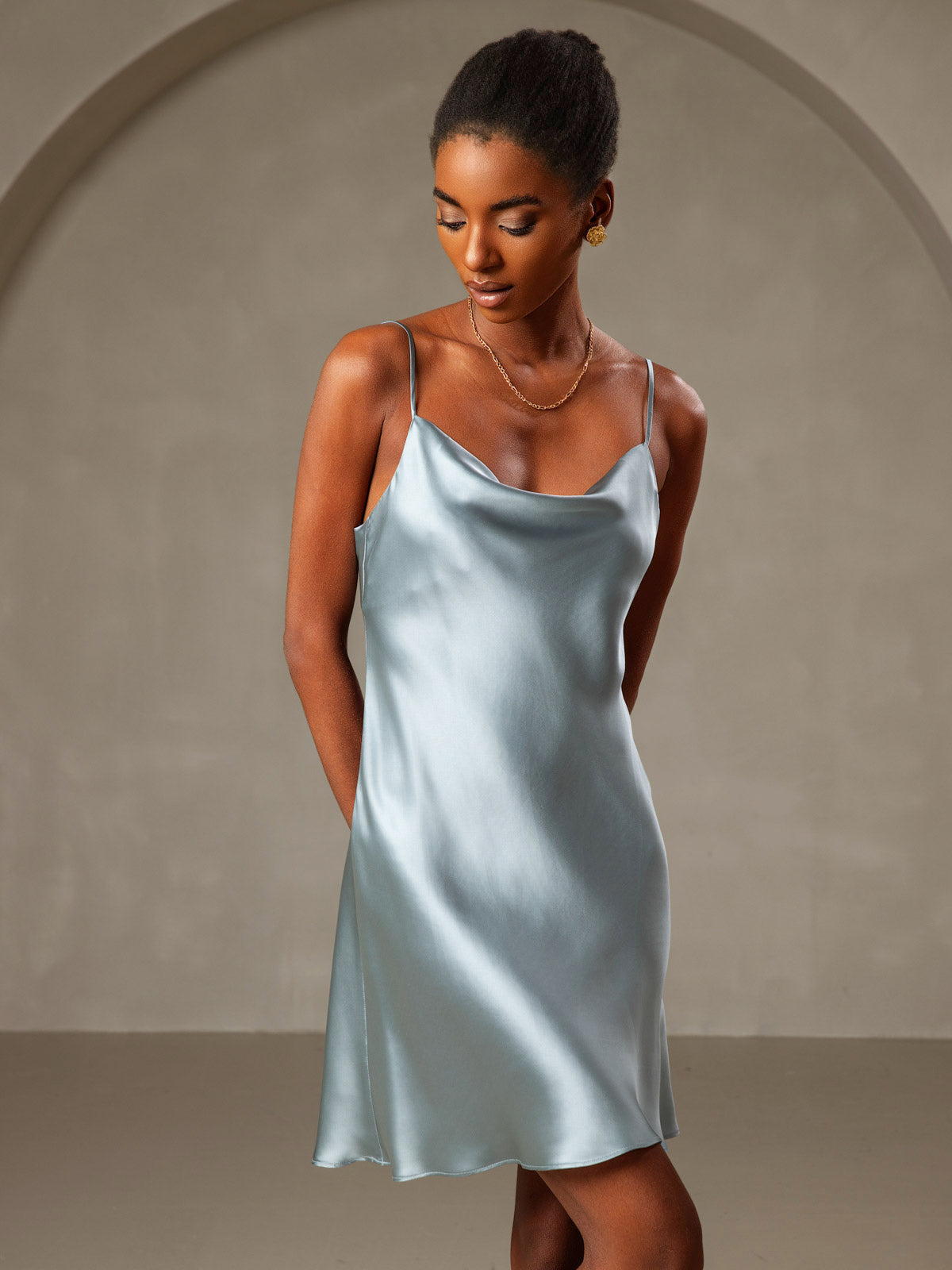 [Bleu Grisâtre] SilkSilky-FR Pure Soie Col Bénitier Robes 005